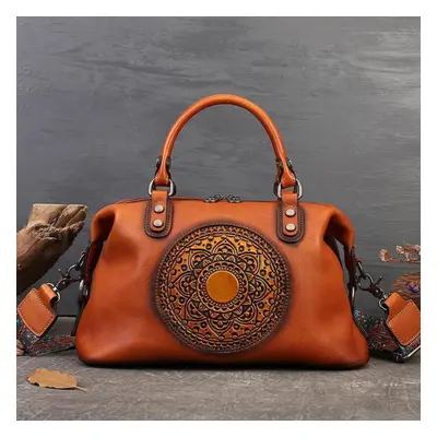 (brown) Johnature Handmade Retro Totem Women Handbag Genuine Leather Versatile Casual Tote Real 