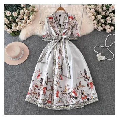 (white, L) Summer Bohemian Flower Print Long Dress Women V-neck Puff Sleeve Vintage Print Bandag