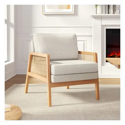 Upholstered Wooden Single Sofa Chair Side Rattan Armchair with Cushion