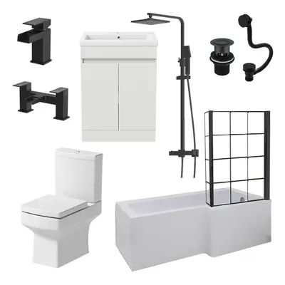 Complete Bathroom Suite Black L Shape RH Bath Screen Vanity WC Shower Taps