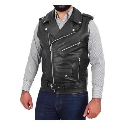 (Black, M) Mens Cowhide Leather Biker Waistcoat Sleeveless Brando Style Gilet Hurley Black