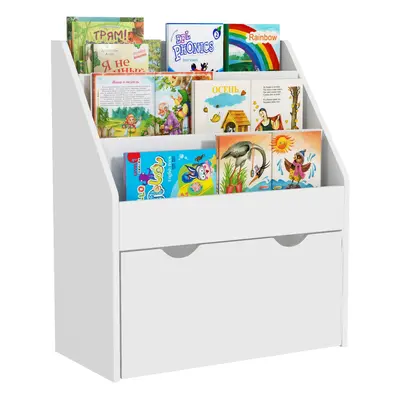 AIYAPLAY Kids Bookcase w/ Tier Shelves, Drawer, for Bedroom, Nursery, White