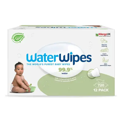 WaterWipes Baby Wipes Sensitive Weaning Biodegradable Unscented, 99.9% Water, Wet Wipes (12 Pack