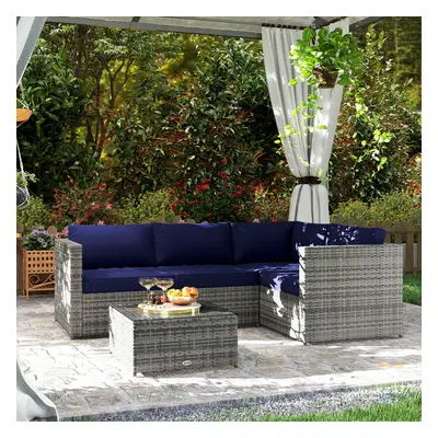 Outsunny 3Pcs Rattan Corner Sofa Set with Coffee Table, Cushion, Blue