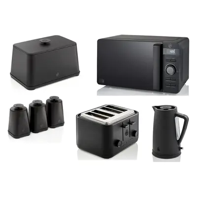 Swan Stealth Black Kettle Toaster Microwave Bread Bin & Canisters Set