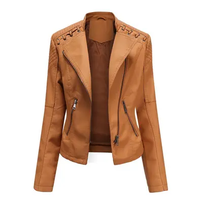 (light tan, S) Women Fashion Lace-up Leather Jacket Slim Fit Spring Autumn Motorcycle Jacket Zip