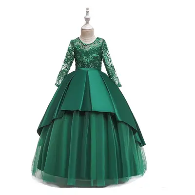 (dark green, (13T-14T)) Christmas Long Sleeve Satin Wedding Princess Girls Dress Elegant Evening