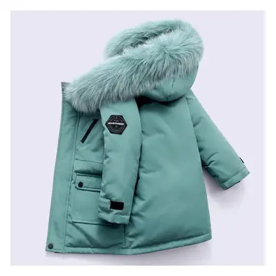 (green, 110cm) Winter Boys White Down Jacket Coat Baby Fur Collar Hooded Cottonthicken Warm Soil