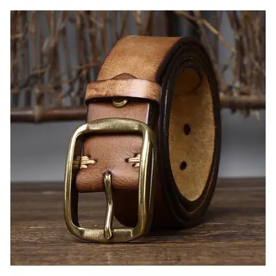 (brown, 130cm) Retro Distressed Genuine Leather Belt Pin Buckle First Layer Cowhide Korean Style