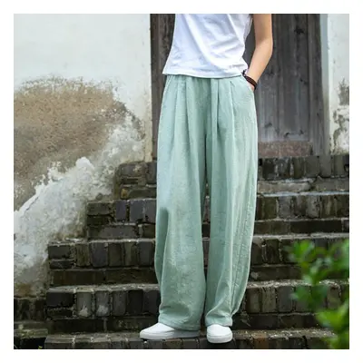 (green, One Size) Johnature Women Loose Cotton Linen Casual Pants Solid Color Elastic Waist Lant