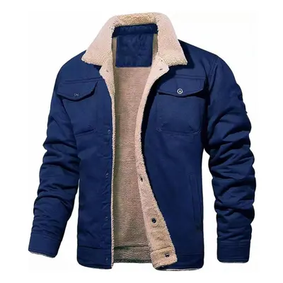 (dark blue, 2XL) Winter Coat Fleece Cargo Jacket Pockets Lapel Collar Trucker Cotton Work Men