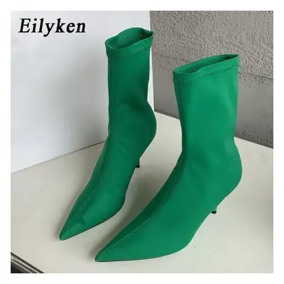 (green, 39) Eilyken New Design Stretch Fabric Pointed Toe Ankle Boots Women Low Heels Shoes High