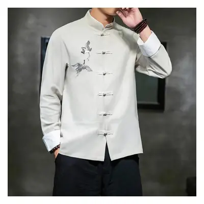 (beige, XL) Shirts Traditional Chinese Vintage Clothing Men&apos;s Half Sleeve Linen Solid Madar