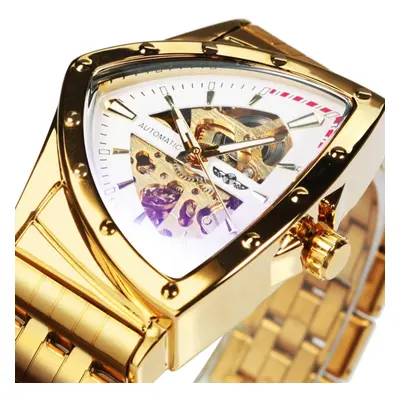 (gold,white) Winner Triangle Skeleton Gold Black Watch For Men Automatic Mechanical Wristwatch I