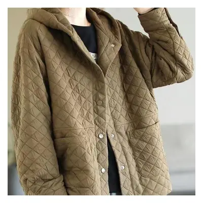 (coffee, S) Autumn And Winter Ladies Literary Retro Solid Color Hooded Quilted Loose All-match T