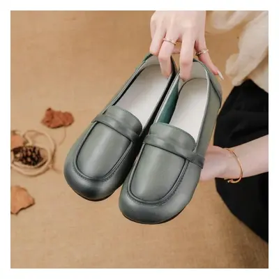 (green, 37) Johnature Retro Genuine Leather Flat Shoes Round Toe Soft Sole Loafers Casual Solid 