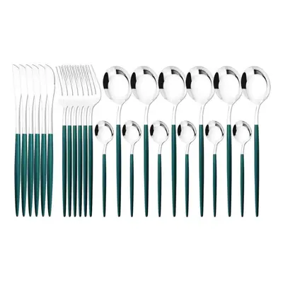 (green,silver) 24pcs Mint Gold Dinnerware Set Knife Fork Coffee Spoon Cutlery Western Stainless 