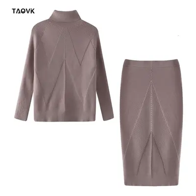 (khaki, One Size) Taovk Women&apos;s Knitted Skirts Sets Office Lady Solid Color Turtleneck Pull