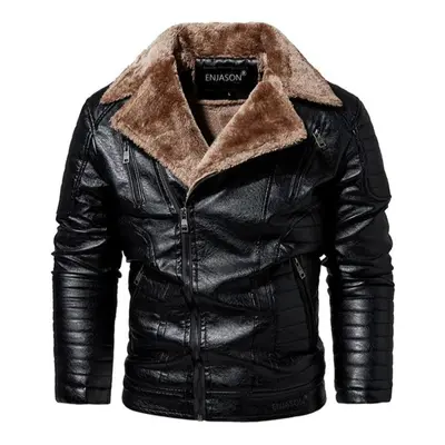 (black, 2XL (EU SIZE L)) Men Fashion Leather Jacket Men Autumn Motorcycle Slim Fleece Jacket Coa