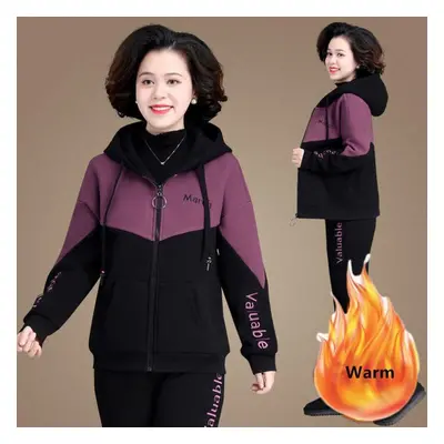 (purple, XXL) Winter Warm Pieces Sets Hooded Plush Lined Tracksuit High Waist Harem Pants Suit P