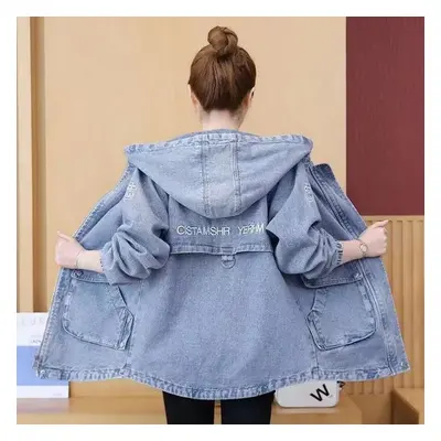 (blue, S) Spring Autumn Women Fashion Long Sleeves Outwear Hooded Denim Jacket Plus Size