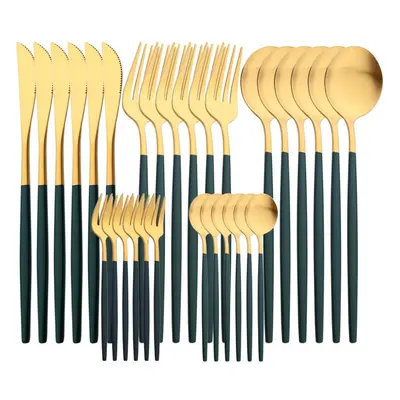 (green,gold) 30pcs White Gold Cutlery Set Matte Dinnerware Knife Fork Spoons Stainless Steel Sil