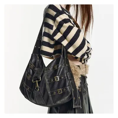 (CHINA) Women Gothic Handbag Locomotive Leather Hobo Bag Versatile Pu Satchel Bag Punk Armpit Ba