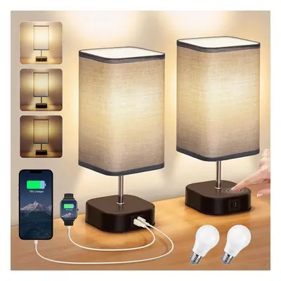 (USB C A, Grey) Bedside Lamp Set Pieces with USB-C+A Charging Port Touch Lamp, Levels Dimming Gr