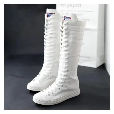 (white, 39) Spring Autumn Women Shoe Canvas Casual High Top Shoes Long Boot Lace-up Zipper Comfo