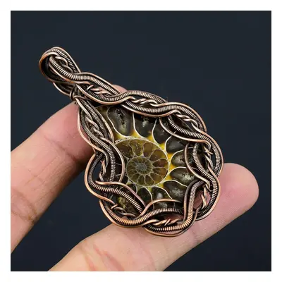 (green, 2.87 Inches) Ammonite Fossil Gemstone Copper Wire Wrap Handmade Pendant Jewelry Gift For