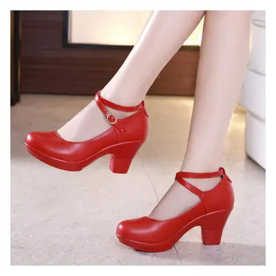 (red, 41) Women Sexy High Heels Leather Thick Soled Platform Work Shoes Dress Wedding Pumps