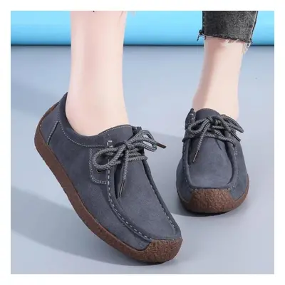 (gray, 39) Suede Leather Women Casual Shoes Lace Up Flats Sneakers Women Moccasins Designer Loaf