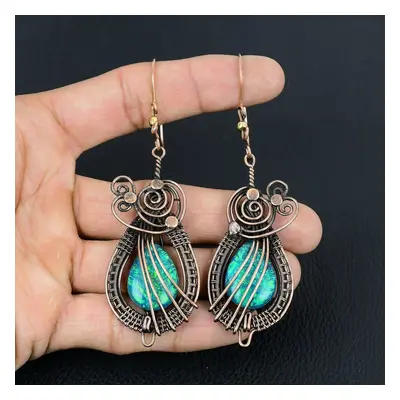 (green, 2.36 Inches) Australian Triplet Opal Gemstone Handmade Pure Copper Wire Wrapped Earrings