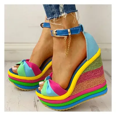 (blue, 36) Woman Fashion Summer Wedges Elegant Rainbow Woman Sandals Party Platform Extreme High