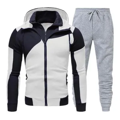 (light grey, XL) Men Autumn Winter Hoodie Pants Suit Fashion Hooded Splicing Zipper Coat With El