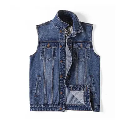 (blue, M) Military Denim Vest Men Outdoors Cotton Multi Pocket Sleevless Jean Jacket Tactical Wa