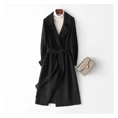 (black, S) Handcrafted Long Woolen Coat For Women - Elegant Pure Color Overcoat