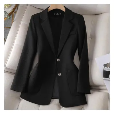 (black, L) Long Sleeve Autumn Winter Women Blazer Jacket Ladies Black Green Single Breasted Fema