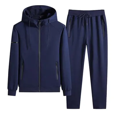 (blue, XXXXL) Spring Men&apos;s Large Size Hooded Suit Cardigan Sweatshirt Sports Pants Suit