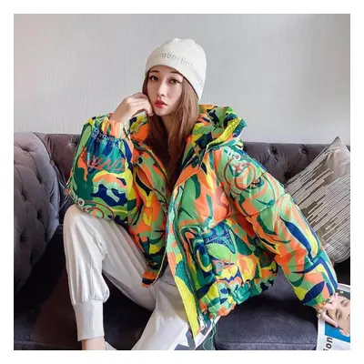 (as the picture, M) Winter Printed Cotton Jacket Women&apos;s Short Hooded Bread Jacket Thicken 