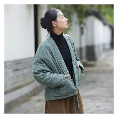 (as the picture, One Size) Johnature Women Vintage Linen Button Parkas Long Sleeve Pockets Coats