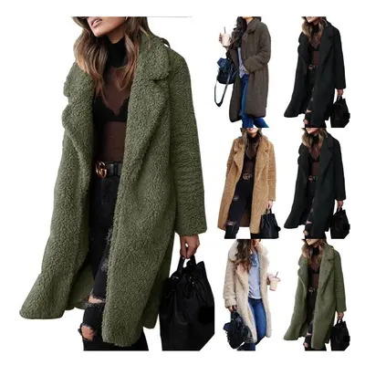 (Army Green, UK Size 18=Tag Size 3XL) Women Fleece Fluffy Plain Long Coat Ladies Sleeve Winter W