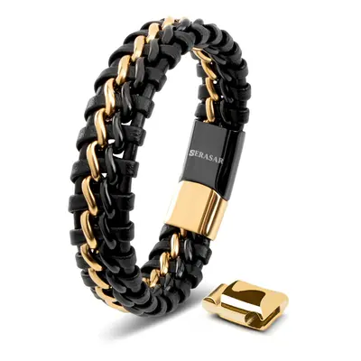 (Gold/Black, 17cm) SERASAR|Leather Bracelet for Men "Steel"