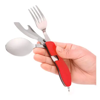 (Red) In Outdoor Tableware Set Camping Cooking Supplies Stainless Steel Spoon Folding Pocket Kit