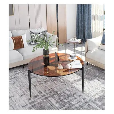 (Brown) Round Coffee Side End Table Tempered Glass Top