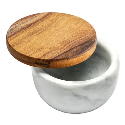 jalz jalz white Marble Base Wood Cover Salt Box Salt Cellar with spoon