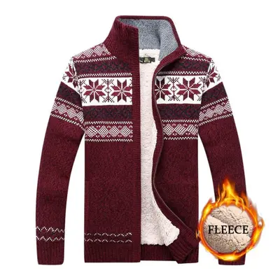 (red, M) Men&apos;s Velvet Knitted Cardigan Autumn And Winter Wool Cardigan Casual Thicken Warm 