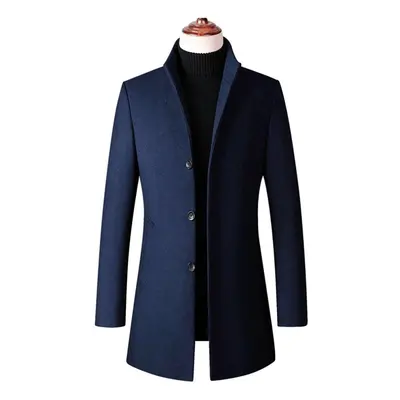 (blue, L) Men Mid-length Slim-fit Woolen Coat With Stand-collar Solid Color Woolen Coat