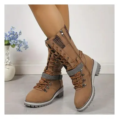 (brown, 43) Women&apos;s Fashion Thermal Mid Calf Boots Knitted Splicing Lace Up Side Zipper Boo