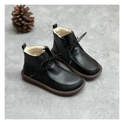 (black, 35-Plush) Johnature Vintage Genuine Leather Soft Sole Round Toe Lace Up Casual Handmade 